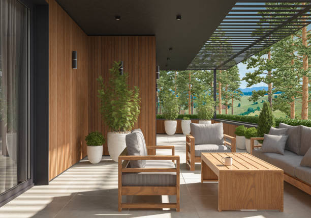 istock Modern Luxurious Villa balcony with green garden in pine forest 1677035250
