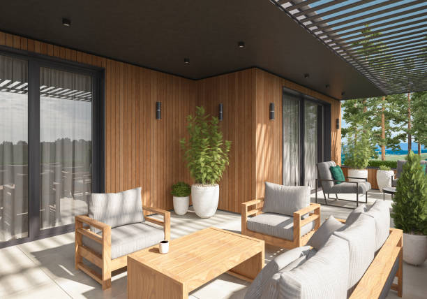 Modern Luxurious Villa balcony with green garden in pine forest Modern villa interior exterior balcony with garden. Architecture concept for Real estate. Pine forest. apartment balcony garden stock pictures, royalty-free photos & images
