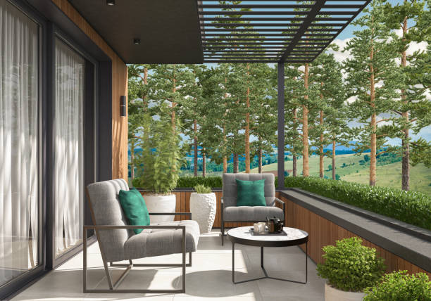 istock Modern Luxurious Villa balcony with green garden in pine forest 1677035756