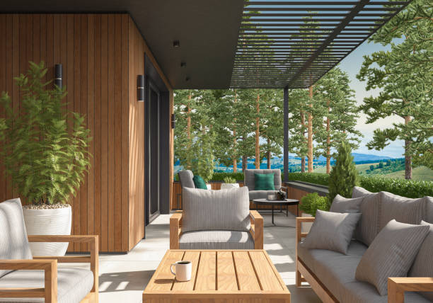 istock Modern Luxurious Villa balcony with green garden in pine forest 1677035759