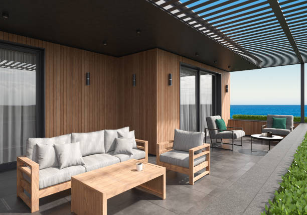istock Modern Luxurious Villa balcony with clear sea view 1677042761