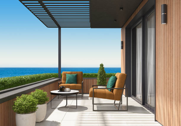 istock Modern Luxurious Villa balcony with clear sea view 1677042763