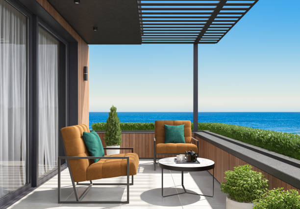 istock Modern Luxurious Villa balcony with clear sea view 1677042774