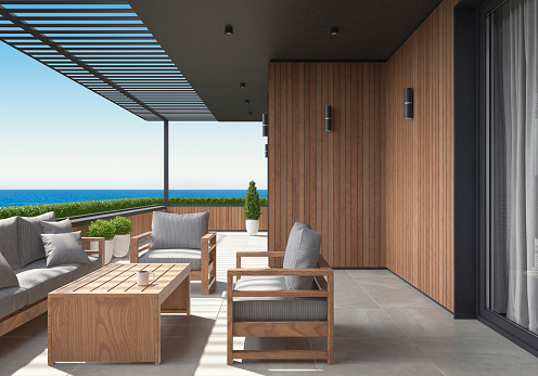 Modern villa interior exterior balcony. Architecture concept for Real estate. Sea horizon.