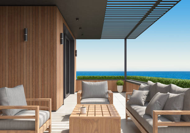 istock Modern Luxurious Villa balcony with clear sea view 1677042782