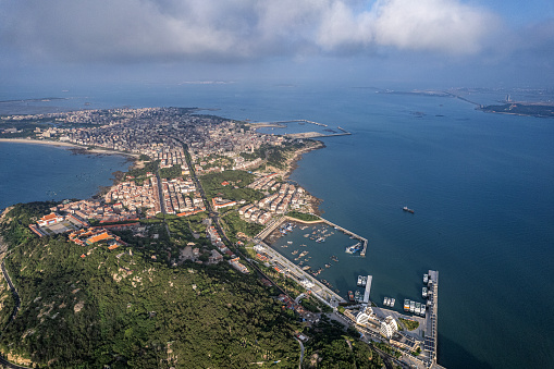 Aerial view of the passenger ship operation terminal on the island