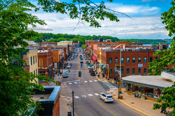Aerial view of Columbus, a small city in Columbia County and Dodge County, in the south-central part of the U.S. state of Wisconsin, on a clear day in Fall.