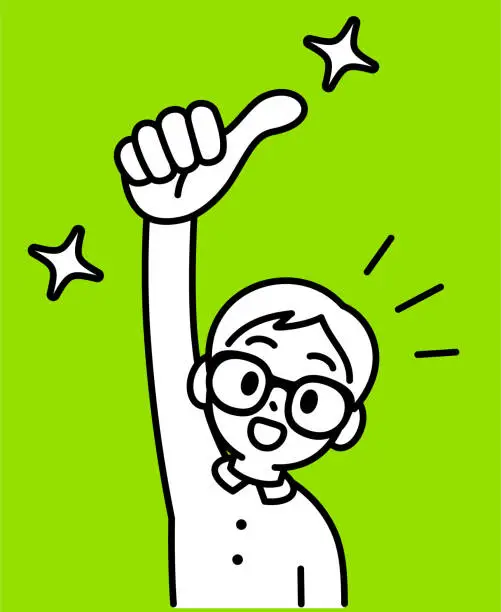 Vector illustration of A studious boy with Horn-rimmed glasses, raising his right hand, giving a thumbs up, looking at the viewer, minimalist style, black and white outline
