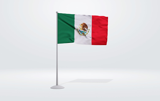 3D illustration of a Mexican flag extended on a flagpole and a studio backdrop in the background.