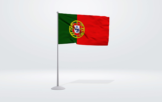 3D illustration of a Portuguese flag extended on a flagpole and a studio scene in the background.