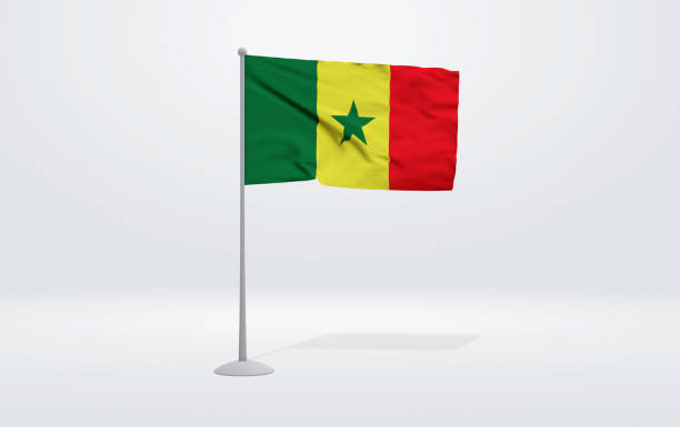 istock 3D illustration of a Senegal flag extended on a flagpole and a studio backdrop in the background. 1677134623
