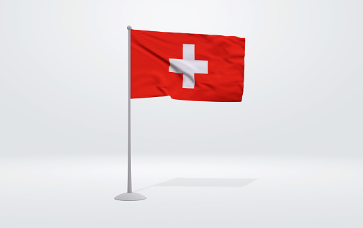 3D illustration of a Swiss flag extended on a flagpole and a studio backdrop in the background.