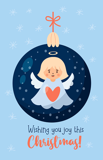 Christmas ball with cute cartoon angel girl and holiday greeting. Vector illustration. Xmas, new year design, holiday vertical card. Cute kids collection