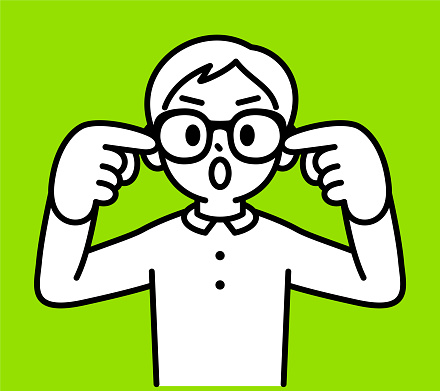 Minimalist Style Characters Designs Vector Art Illustration.
A boy wearing Horn-rimmed glasses with his forefingers in his ears, hearing no evil, looking at the viewer, No Fake News, minimalist style, black and white outline.