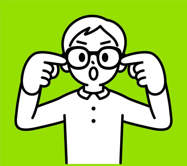 Vector illustration of A boy wearing Horn-rimmed glasses with his forefingers in his ears, hearing no evil, looking at the viewer, No Fake News, minimalist style, black and white outline