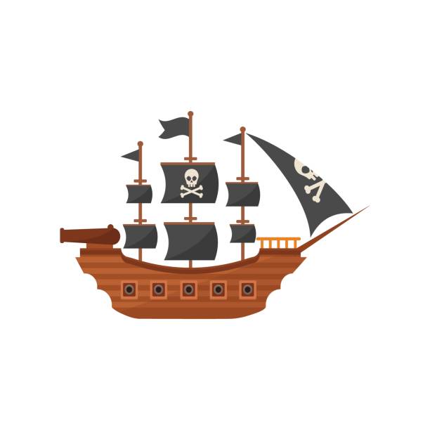 ilustrações de stock, clip art, desenhos animados e ícones de pirate ship with a flag and black sails with a skull. flat vector illustration - antique ship