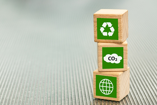 Global Co2 reduction targets, renewable energy sources, ecological support, environmental business concept, wooden blocks with eco symbols