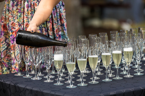 Server pours champagne, filling glass flutes for celebration in Vancouver, British Columbia, Canada