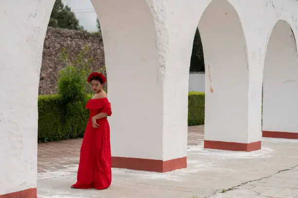 Pretty Young girl wearing classical mexican dress red, like flamingo