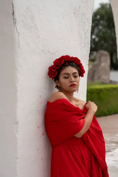 Pretty Young girl wearing classical mexican dress red, like flamingo
