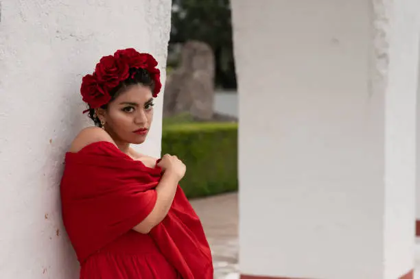 Pretty Young girl wearing classical mexican dress red, like flamingo