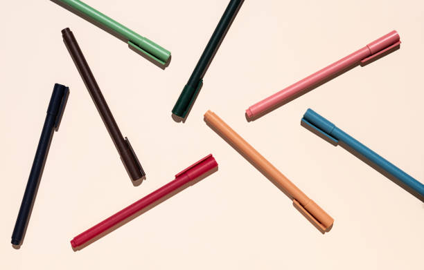 Multicolored pens layout. Stationery collection.