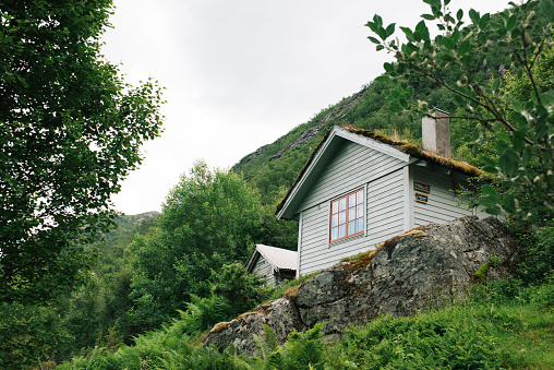 Norwegian wooden cabin in the mountains in Stryn, Vestland, Norway