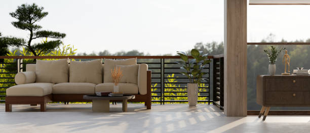 istock Interior design of a modern, contemporary relaxation area on a balcony with a comfortable sofa. 1677206462