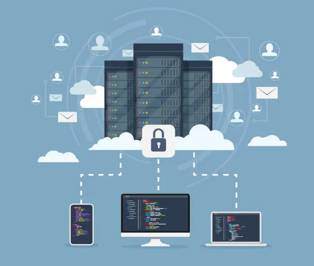 Vector illustration of Computer, laptop and smartphone connected to cloud servers