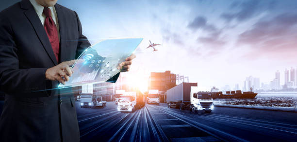 istock Smart logistics and transportation. Concept,Businessman holding virtual interface panel of global logistics network distribution and transportation 1677269167