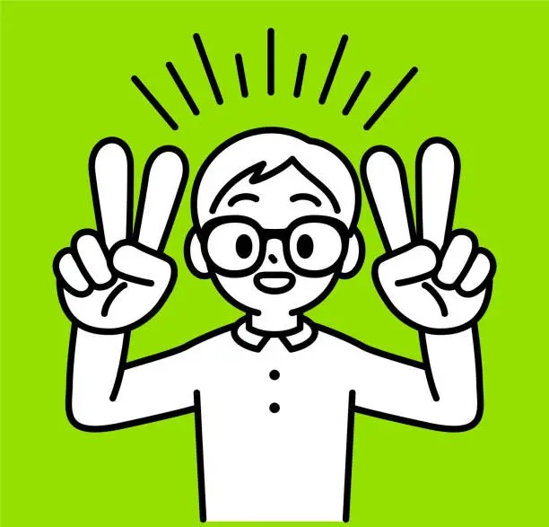 Vector illustration of A studious boy with Horn-rimmed glasses shows a V sign gesture with both hands, looking at the viewer, minimalist style, black and white outline, Victory of Knowledge, The Power of Education, Celebrating Success