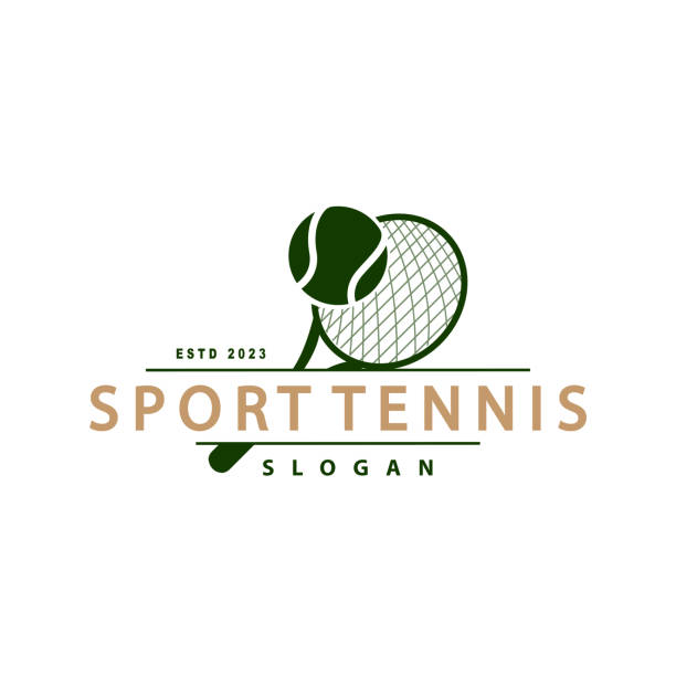 illustrazioni stock, clip art, cartoni animati e icone di tendenza di tennis logo design, torneo sport, palla e racchetta illustrazione semplice silhouette - tennis silhouette tennis racket tennis ball