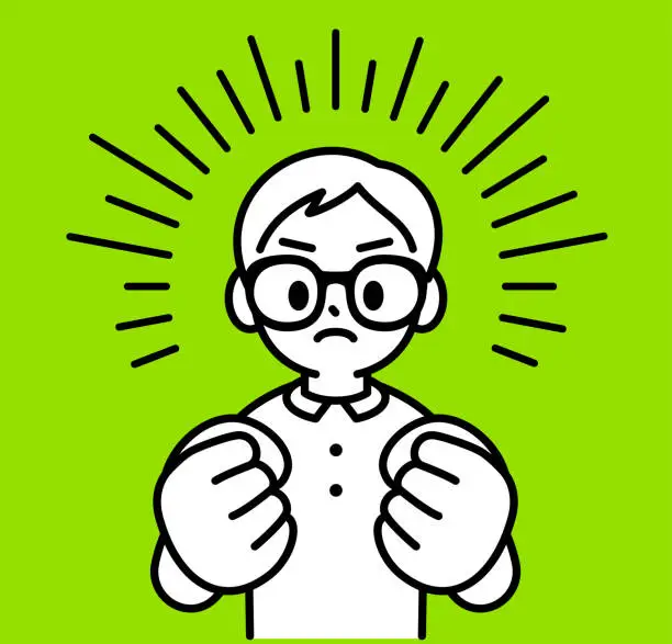 Vector illustration of A studious boy wearing Horn-rimmed glasses clenches his fists, cheering himself up and ready to fight, looking at the viewer, minimalist style, black and white outline, Fueled by Knowledge, The Academic Warrior, Education Empowers