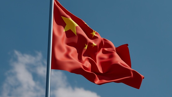 Chinese Flag Waving Blue Sky, China, Politics, Communism, Artificial Intelligence Race