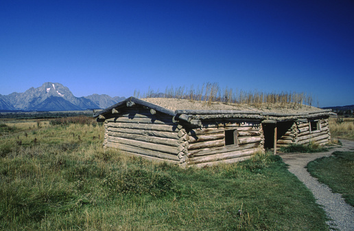 Log Cabin (John Moulton Homestead) on Mormon Row at Jackson Hole in Grand Teton National Park at Teton County, Wyoming
