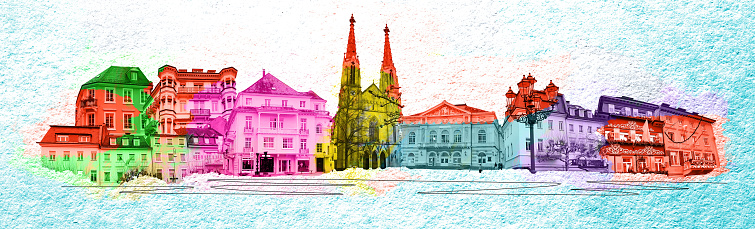 Historic buildings at the famous old town of Baden-Baden. Art collage, design