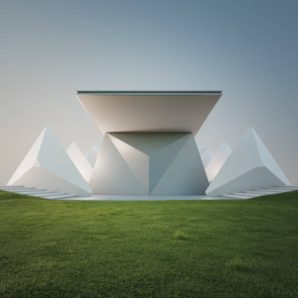 istock Geometric shapes structure with gray concrete floor on green grass lawn. 1677384418