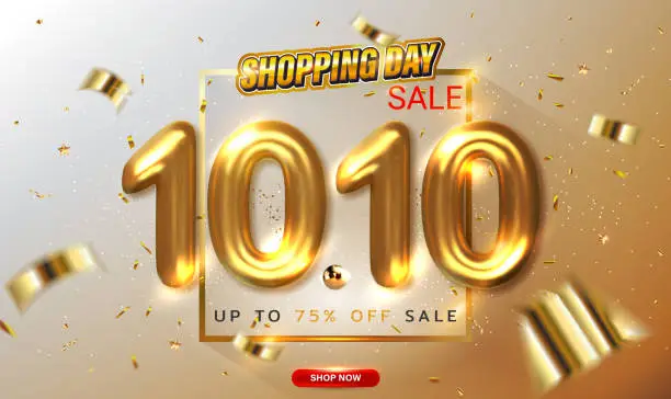 Vector illustration of 10.10 Shopping Day Sale Banner with 3D Golden Metallic Symbolic and Glitter Gold Confetti