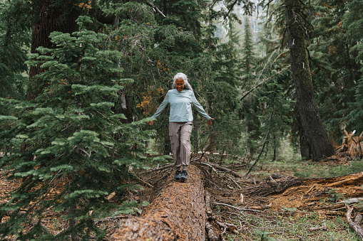 Healthy and happy senior woman of Pacific Islander descent walks across a fallen evergreen tree trunk while hiking in a forest in Oregon.