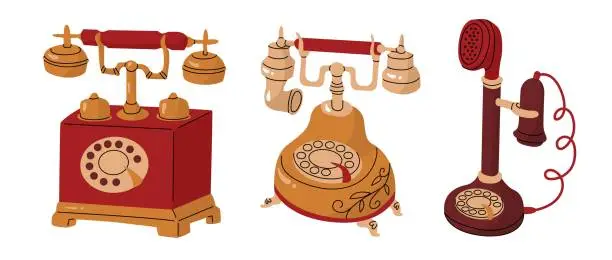 Vector illustration of Set with 3 Telephone wired apparatus in vintage retro style with handset on cord with rotary dialing. Old technologies of communication. Vector illustration in cartoon style isolated