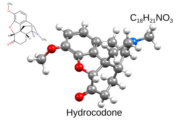 istock Chemical formula, structural formula and 3D ball-and-stick model of opioid hydrocodone, white background 1677404405
