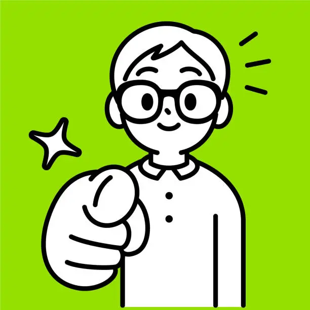 Vector illustration of A studious boy with Horn-rimmed glasses points his index finger at the viewer, minimalist style, black and white outline