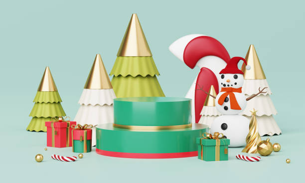 istock Christmas backgrounds with podium stage platform in minimal New year event theme. Merry Christmas scene for product display mock up banner. Empty stand pedestal decor in Xmas winter scene. 3D render. 1677431044