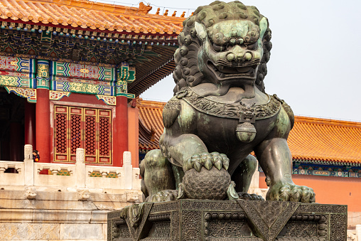 Lions in front of the palace in the Palace Museum in Beijing, China