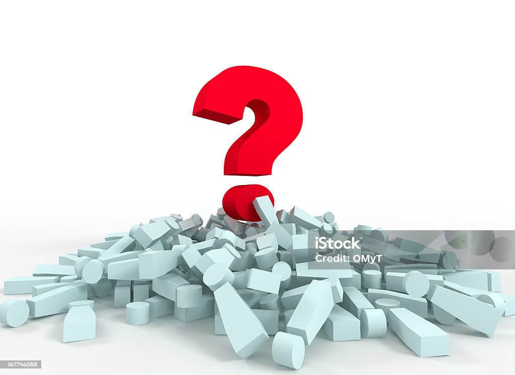 Confusion Question mark on a heap of exclamation marks on a white background Asking Stock Photo