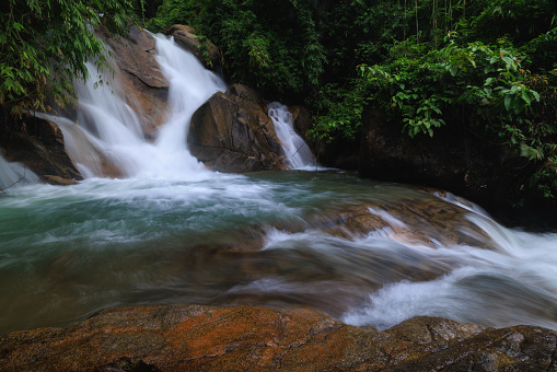 Turquoise waterfalls surrounded by dense tropical forest near Luang Prabang in Laos.