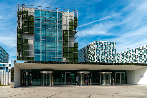 Strasbourg, France - September 13, 2019: Entrance of the Louise Weiss building, inaugurated in 1999, the official seat of the European Parliament which houses the hemicycle for plenary sessions.