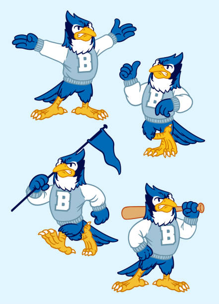 талисман blue jay sport в винтажном ретро-нарисованном от руки стиле - characters sport animal baseballs stock illustrations