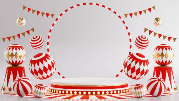 3D rendering for amusement park, circus, carnival fair theme podium with many rides and shops circus tent 3d illustration