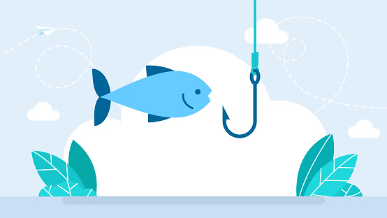 Fish looking questioningly on a fishhook. The fish hit by the fishing hook. Metal fishing hook on a line on a white background. Flat style. Illustration